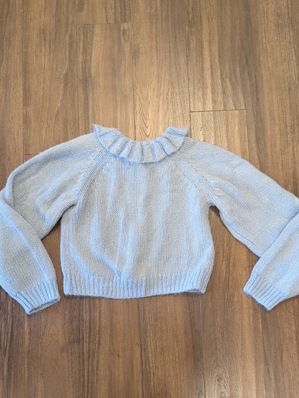 Kimchi Blue Mirabell Light Blue Sparkly Knit Cardigan with Ruffle Collar Cropped - Picture 12 of 13